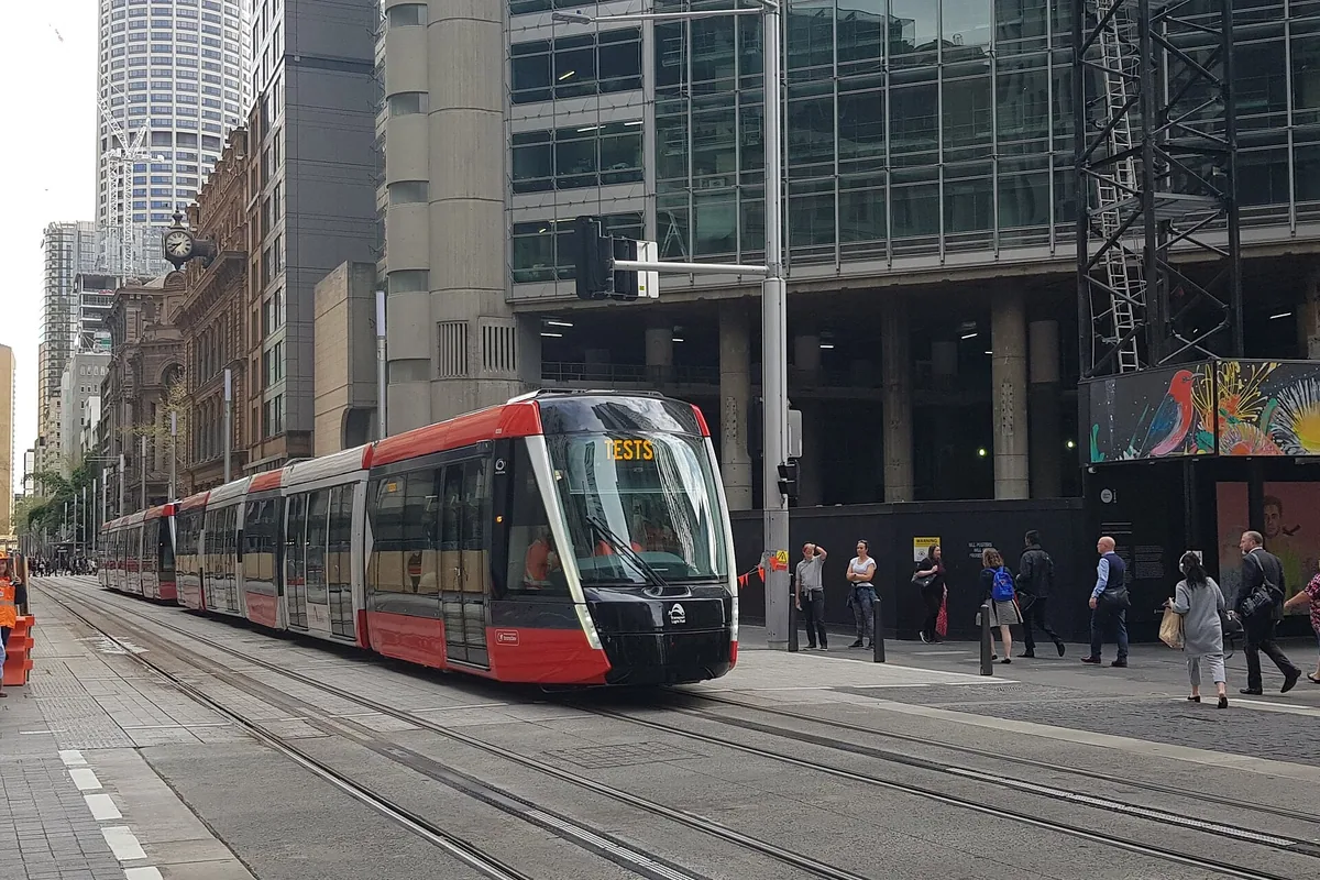 Sydney light rail vehicle travelling along George Street